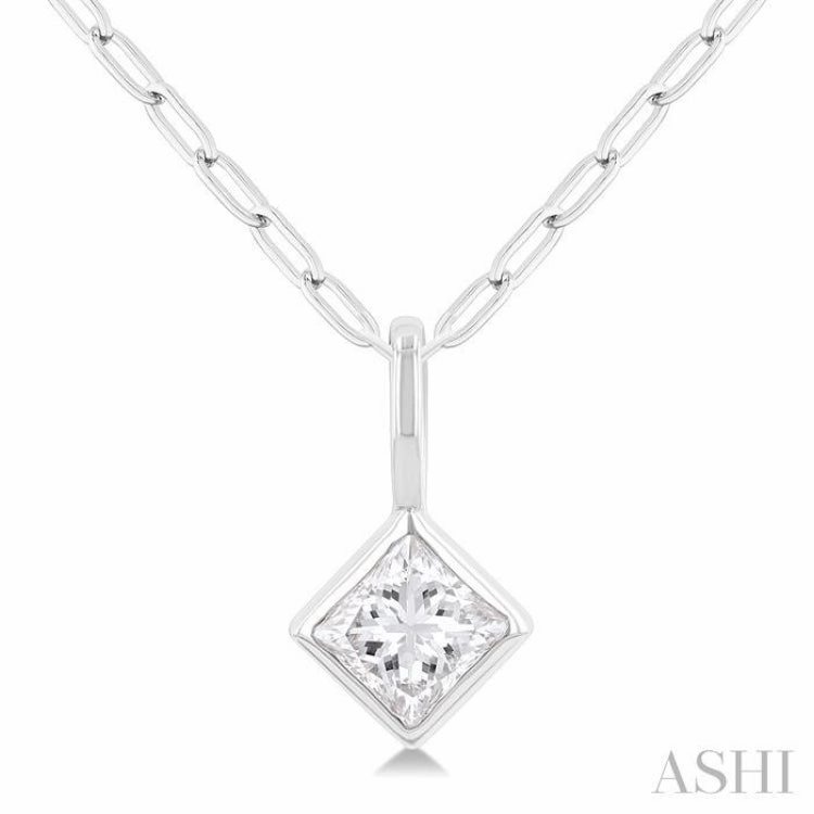 1/5 Ctw Princess Cut Bezel Set Diamond Fashion Pendant with Paperclip Chain in 14K White Gold Creative Edge