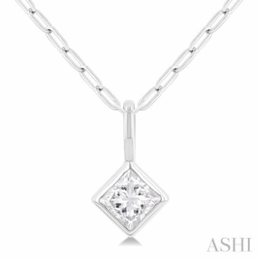 1/5 Ctw Princess Cut Bezel Set Diamond Fashion Pendant with Paperclip Chain in 14K White Gold Creative Edge