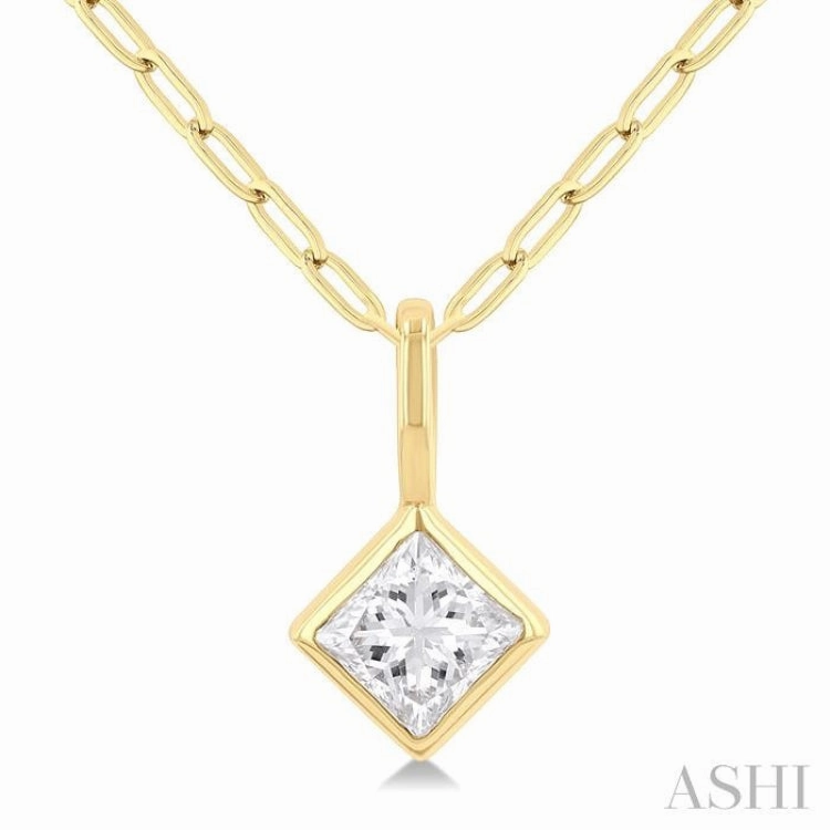 1/5 Ctw Princess Cut Bezel Set Diamond Fashion Pendant With Paperclip Chain in 14K Yellow Gold Engagement Gift