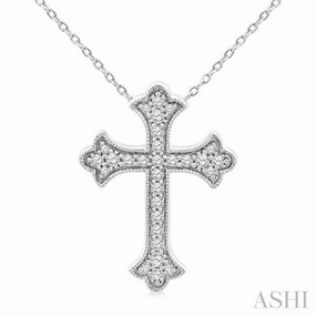 Autumn Touch 1/5 Ctw Round Cut Diamond Cross Petite Fashion Pendant With Chain in 10K White Gold
