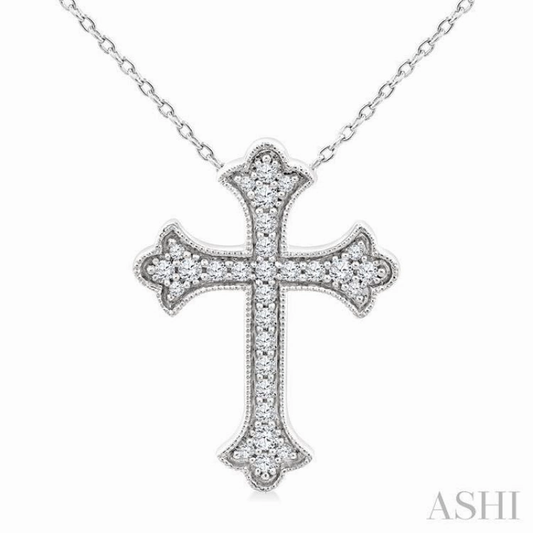 Autumn Touch 1/5 Ctw Round Cut Diamond Cross Petite Fashion Pendant With Chain in 10K White Gold