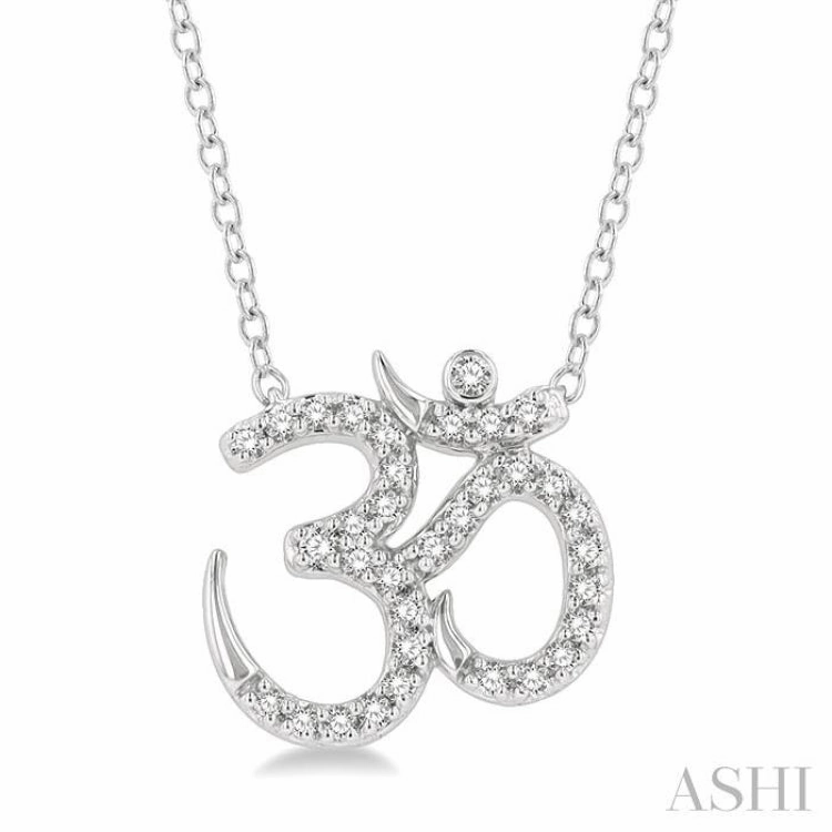 Date Style 1/6 Ctw 'OM' Symbol Petite Round Cut Diamond Fashion Pendant With Chain in 10K White Gold