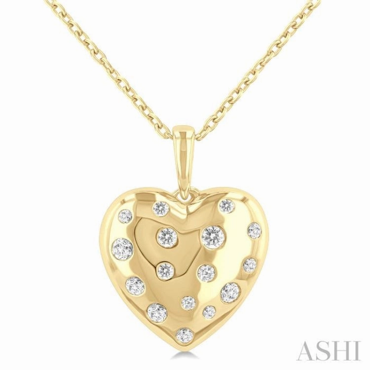 1/6 Ctw Bold Puffed Heart Round Cut Diamond Sprinkled Fashion Pendant With Chain in 10K Yellow Gold Elegant Event Street Fashion