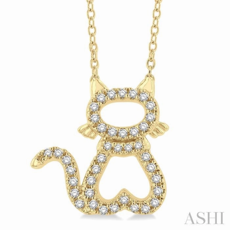 Neutral Design Adornment 1/6 Ctw Cat Shape Petite Round Cut Diamond Fashion Pendant With Chain in 10K Yellow Gold