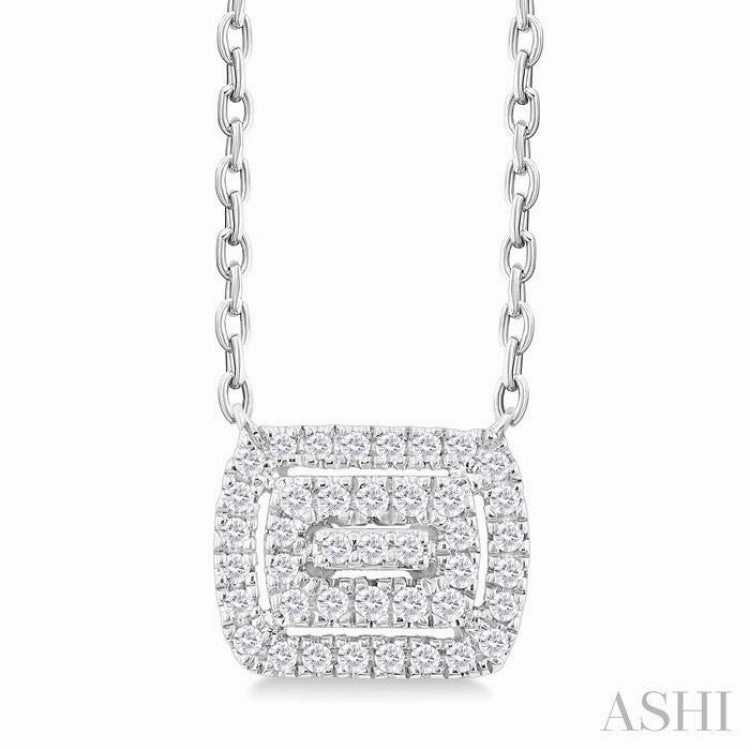 Soft Finish 1/6 Ctw Double Halo Emerald Shape Petite Round Cut Diamond Fashion Pendant With Chain in 10K White Gold