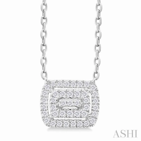 Soft Finish 1/6 Ctw Double Halo Emerald Shape Petite Round Cut Diamond Fashion Pendant With Chain in 10K White Gold