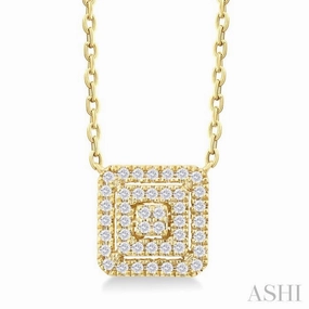 Pretty Item 1/6 Ctw Double Halo Square Shape Petite Round Cut Diamond Fashion Pendant With Chain in 10K Yellow Gold
