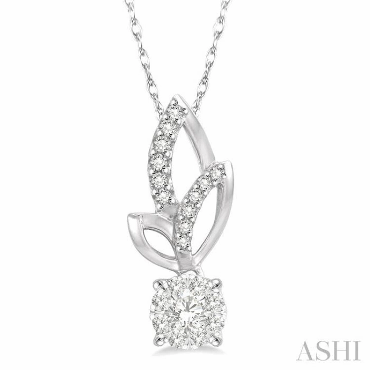Sleek Profile 1/6 Ctw Leafy Round Cut Diamond Lovebright Pendant With Link Chain in 14K White Gold