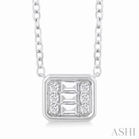 1/6 Ctw Petite Bezel Set East-West Emerald Shape Fusion Baguette and Round Cut Diamond Fashion Pendant With Chain in 10K White Gold Easy Wear Item