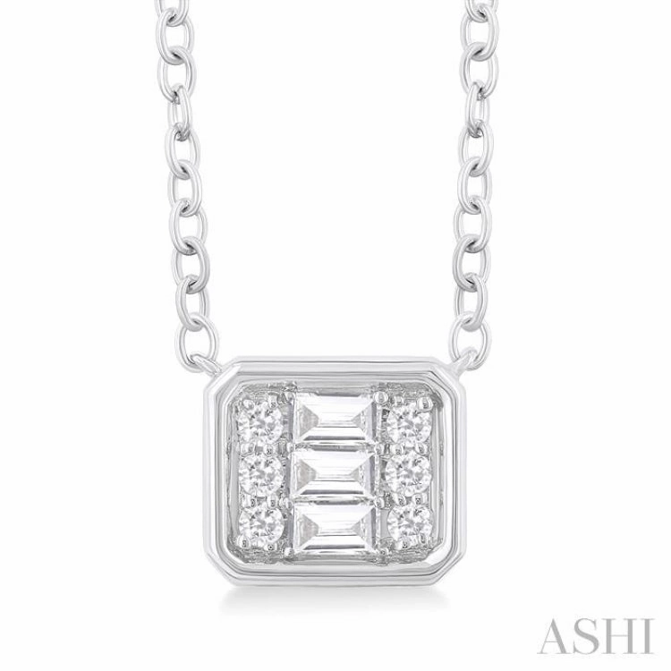1/6 Ctw Petite Bezel Set East-West Emerald Shape Fusion Baguette and Round Cut Diamond Fashion Pendant With Chain in 10K White Gold Easy Wear Item