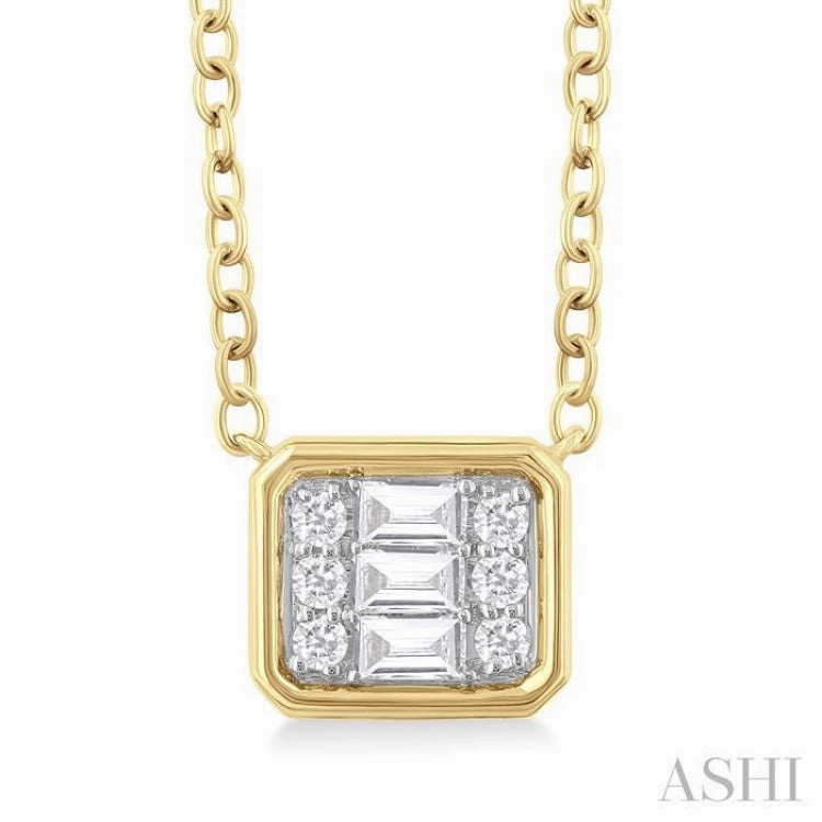 Birthday Mood 1/6 Ctw Petite Bezel Set East-West Emerald Shape Fusion Baguette and Round Cut Diamond Fashion Pendant With Chain in 10K Yellow Gold