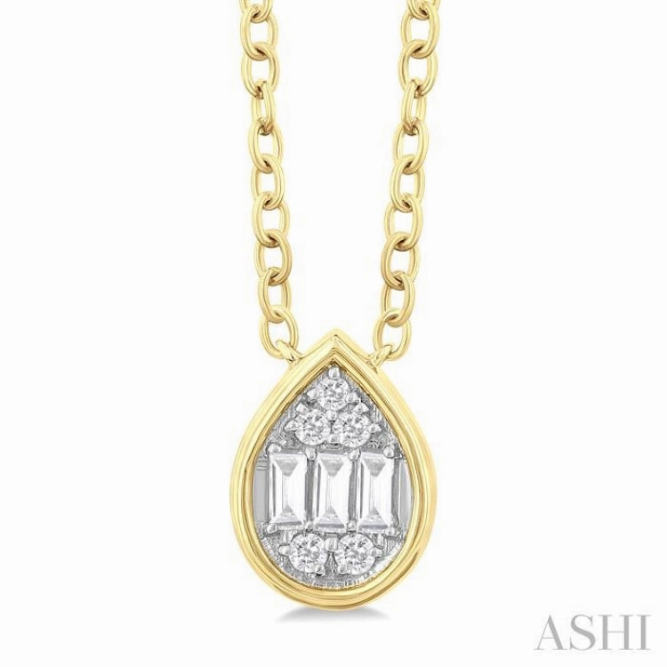 1/6 Ctw Petite Bezel Set Pear Shape Fusion Baguette and Round Cut Diamond Fashion Pendant With Chain in 10K Yellow Gold Offering Jewelry