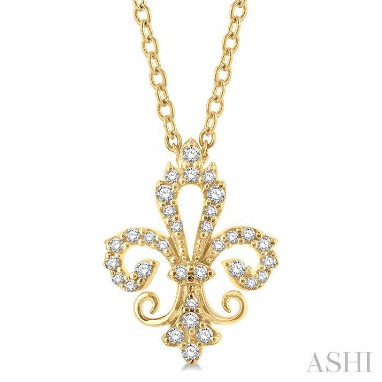 For Spirituality Party Charm Adornment 1/6 Ctw Petite Carved Fleur De Lis Round Cut Diamond Fashion Pendant With Chain in 10K Yellow Gold
