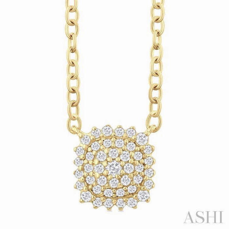 Magnificent style Unique Present 1/6 Ctw Petite Cushion Shape Round Cut Diamond Cluster Fashion Pendant With Chain in 10K Yellow Gold