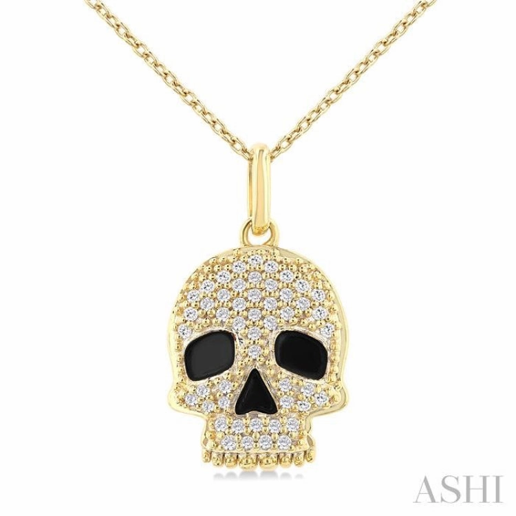 Personal Gift 1/6 Ctw Petite Skull Single Cut Diamond Fashion Pendant With Chain in 10K Yellow Gold