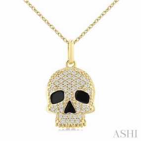 Personal Gift 1/6 Ctw Petite Skull Single Cut Diamond Fashion Pendant With Chain in 10K Yellow Gold