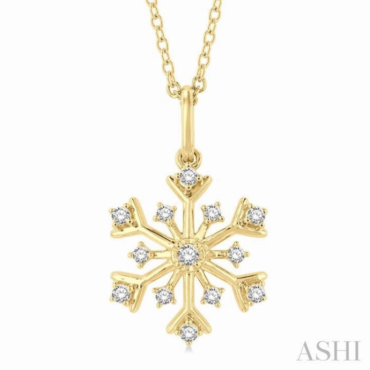 Everyday Highlight Budget-Friendly Ornament 1/6 Ctw Petite Snowflake Round Cut Diamond Fashion Pendant With Chain in 10K Yellow Gold