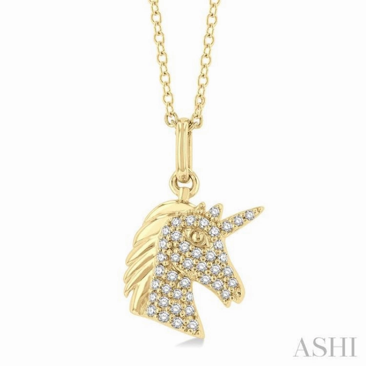 1/6 Ctw Petite Unicorn Head Round Cut Diamond Fashion Pendant With Chain in 10K Yellow Gold Simple Detail