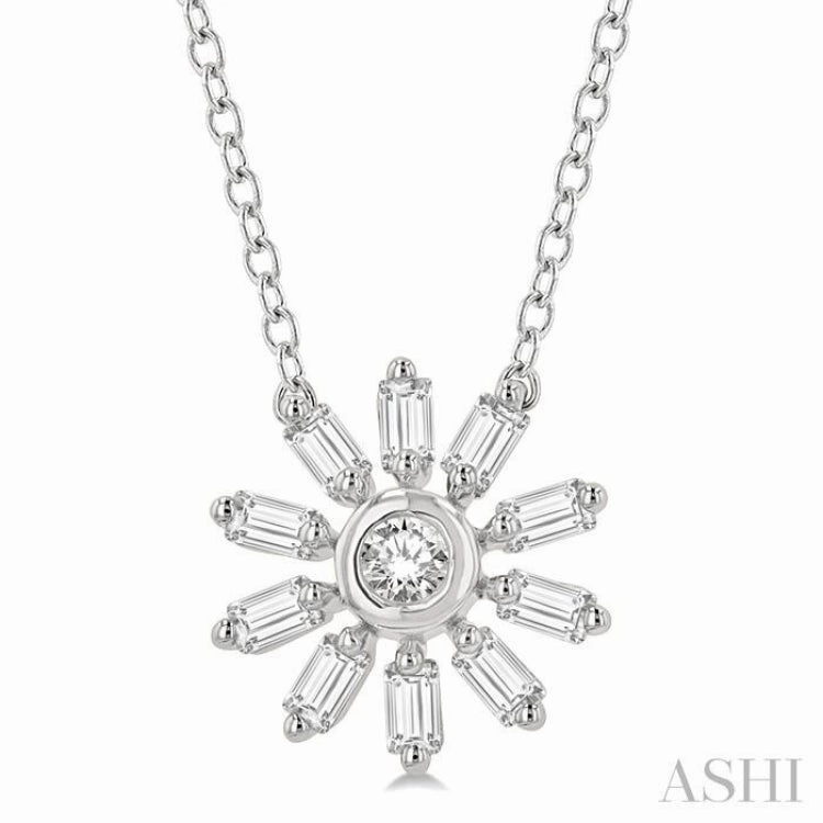 Spring Detail Wedding guest 1/6 Ctw Petite Wheel Baguette and Round Cut Diamond Fashion Pendant With Chain in 10K White Gold