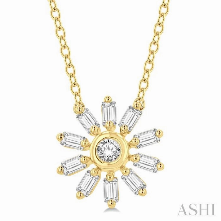 Fashion Edge Unisex Wedding Item 1/6 Ctw Petite Wheel Baguette and Round Cut Diamond Fashion Pendant With Chain in 10K Yellow Gold