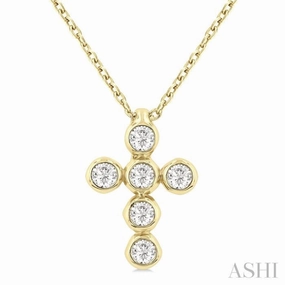 1/6 Ctw Round Cut Diamond 6-Stone Bezel Set Cross Pendant With Chain in 14K Yellow Gold festival look Luxury Gift
