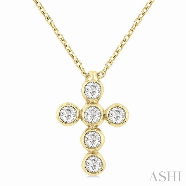1/6 Ctw Round Cut Diamond 6-Stone Bezel Set Cross Pendant With Chain in 14K Yellow Gold festival look Luxury Gift