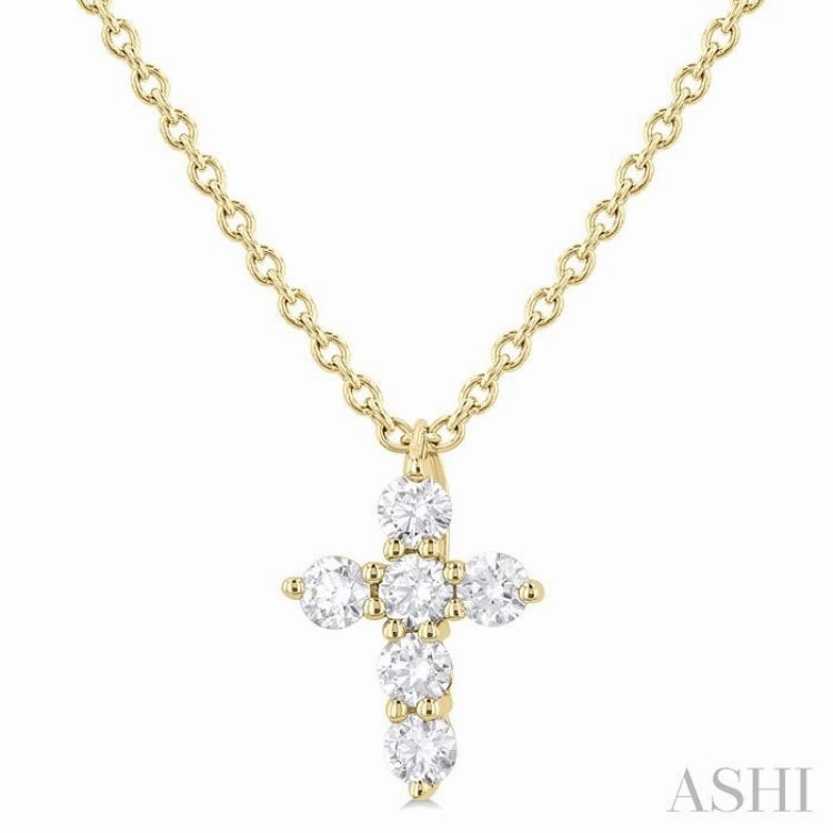 Professional Look Comfort Wear 1/6 Ctw Round Cut Diamond Christian Cross 6-Stone Fashion Pendant With Chain in 14K Yellow Gold