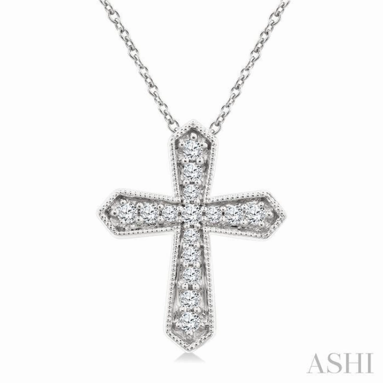 1/6 Ctw Round Cut Diamond Cross Petite Fashion Pendant With Chain in 10K White Gold Beaded Piece Signature Touch