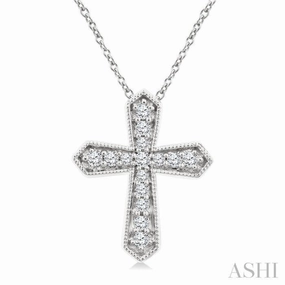 1/6 Ctw Round Cut Diamond Cross Petite Fashion Pendant With Chain in 10K White Gold Beaded Piece Signature Touch