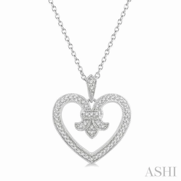 Spring Style Effortless Elegance 1/6 Ctw Round Cut Diamond Fleur De Lis Heart Pendant With Chain in 10K White Gold