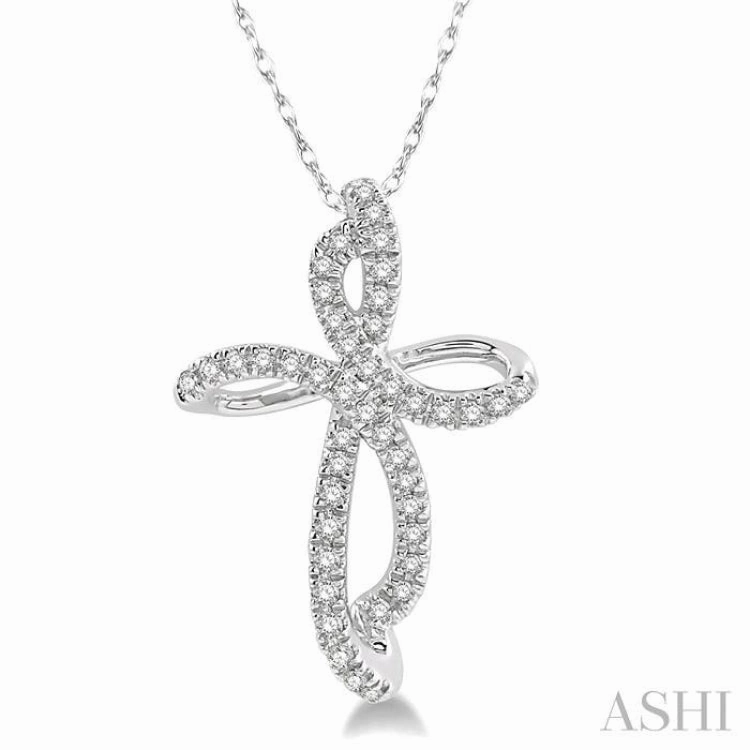 Chic Girl Cool gift 1/6 Ctw Twirl Pattern Cross Round Cut Diamond Pendant With Link Chain in 10K White Gold