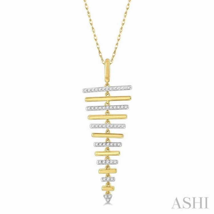 Stunning Piece 1/6 Ctw Two Tone Parallel Bar Round Cut Diamond Fashion Pendant With Chain in 10K Yellow and White Gold
