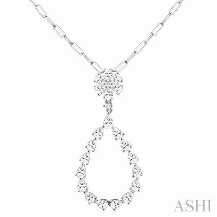 1 7/8 Ctw Floral Open Window Pear and Round Cut Diamond Dangle Fashion Pendant With Chain in 14K White Gold Seasonal Accent For Groom