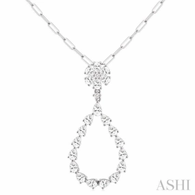 1 7/8 Ctw Floral Open Window Pear and Round Cut Diamond Dangle Fashion Pendant With Chain in 14K White Gold Seasonal Accent For Groom