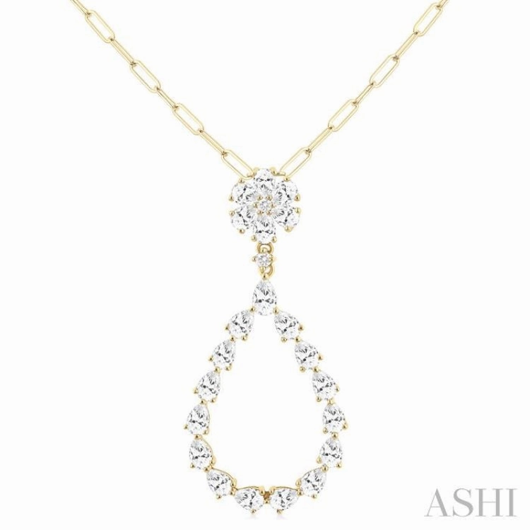 Retro Vibe Trendy Adornment 1 7/8 Ctw Floral Open Window Pear and Round Cut Diamond Dangle Fashion Pendant With Chain in 14K Yellow Gold