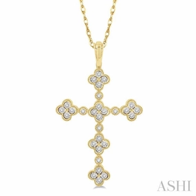 Contemporary Mood 1/8 Ctw Floral Cross Round Cut Diamond Pendant With Link Chain in 10K Yellow Gold