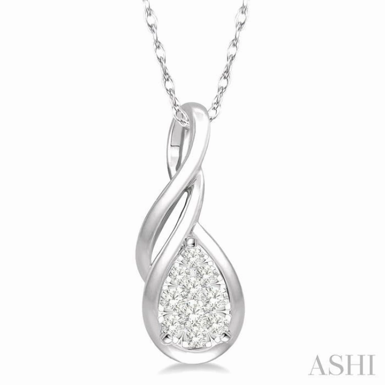 Beautiful Ornament 1/8 Ctw Pear Shape Lovebright Entwined Wire Round Cut Diamond Pendant With Link Chain in 14K White Gold