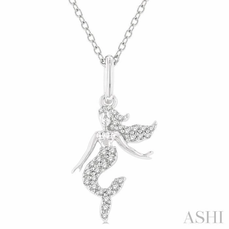 Superior Style 1/8 Ctw Petite Sea Life Mermaid Round Cut Diamond Fashion Pendant With Chain in 10K White Gold