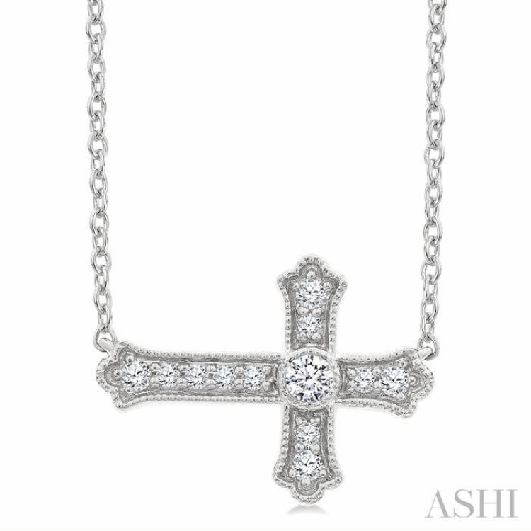 Vintage Ornament Playful Accent 1/8 Ctw Round Cut Diamond Sideway Cross Pendant with Chain in 10K White Gold