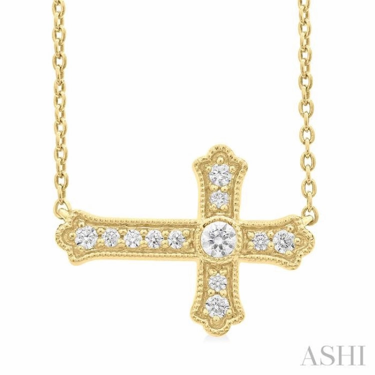 1/8 Ctw Round Cut Diamond Sideway Cross Pendant with Chain in 10K Yellow Gold Runway Ready