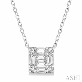 Modern Item Budget-Friendly Piece 1/8 Ctw Square Shape Baguette and Round Cut Diamond Petite Fashion Pendant With Chain in 10K White Gold
