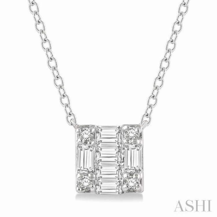 Modern Item Budget-Friendly Piece 1/8 Ctw Square Shape Baguette and Round Cut Diamond Petite Fashion Pendant With Chain in 10K White Gold