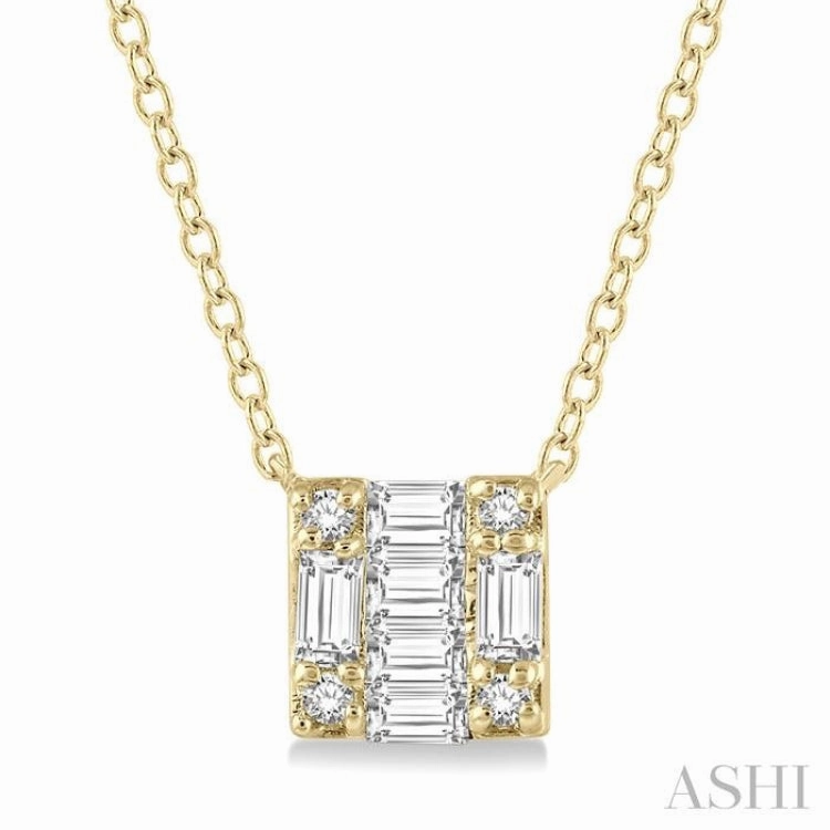 1/8 Ctw Square Shape Baguette and Round Cut Diamond Petite Fashion Pendant With Chain in 10K Yellow Gold Best Gift