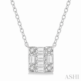 Ideal Ornament Everyday Carry Jewelry 1/8 Ctw Square Shape Baguette and Round Cut Diamond Petite Fashion Pendant With Chain in 14KWhite Gold