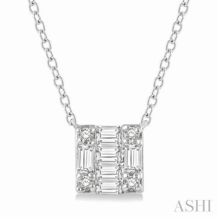 Ideal Ornament Everyday Carry Jewelry 1/8 Ctw Square Shape Baguette and Round Cut Diamond Petite Fashion Pendant With Chain in 14KWhite Gold