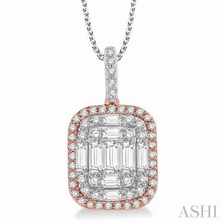 1 Ctw Baguette & Round Cut Fusion Diamond Pendant With Chain in 14K White and Rose Gold Fashionable Gift