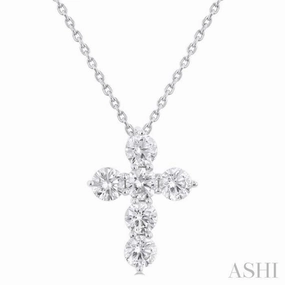 1 Ctw Round Cut Diamond Christian Cross 6-Stone Fashion Pendant With Chain in 14K White Gold Unisex Wedding Item Young Heart