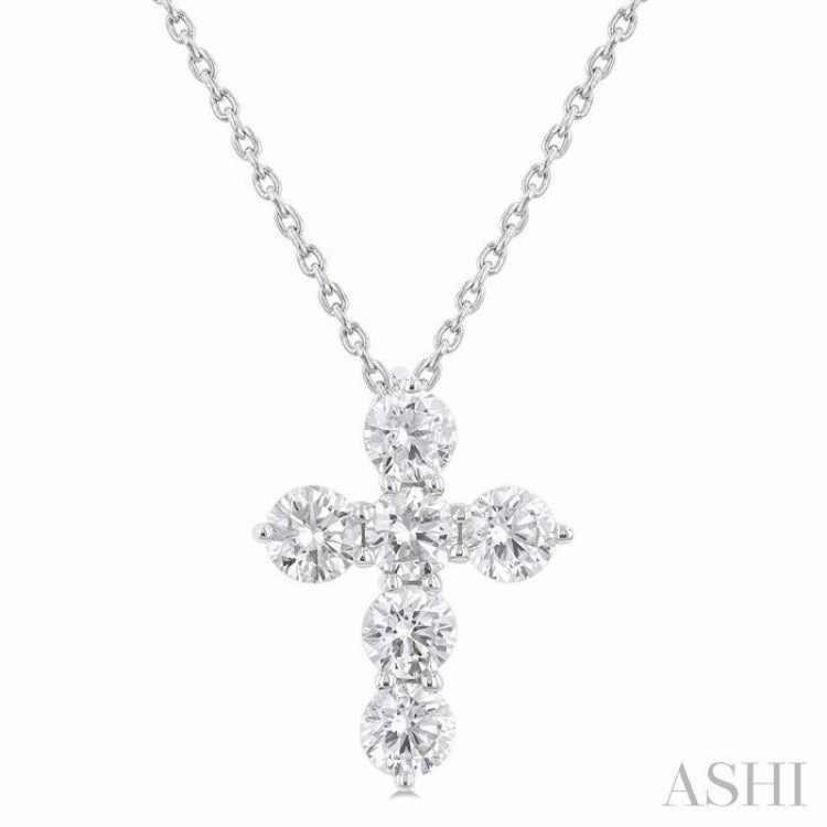 1 Ctw Round Cut Diamond Christian Cross 6-Stone Fashion Pendant With Chain in 14K White Gold Excellent Gift Refined Taste