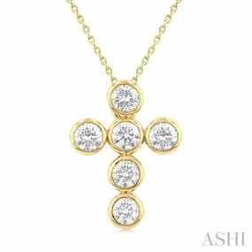 2 Ctw Round Cut Diamond 6-Stone Bezel Set Cross Pendant With Chain in 14K Yellow Gold Soft Touch