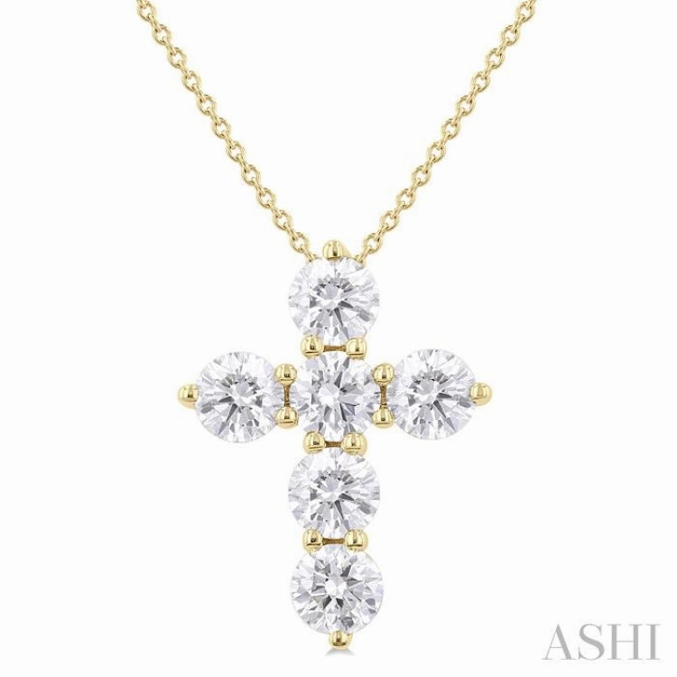 2 Ctw Round Cut Diamond Christian Cross 6-Stone Fashion Pendant With Chain in 14K Yellow Gold Traditional Adornment